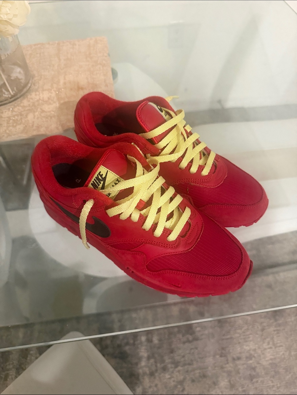 Nike Red Air Max 1 ID Sneakers with Yellow Laces and Black Swoosh